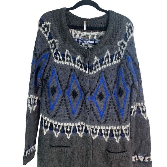 Free People Frosted Fair Isle Mohair Long Cardigan Shacket Sweater Size M - Picture 8 of 12